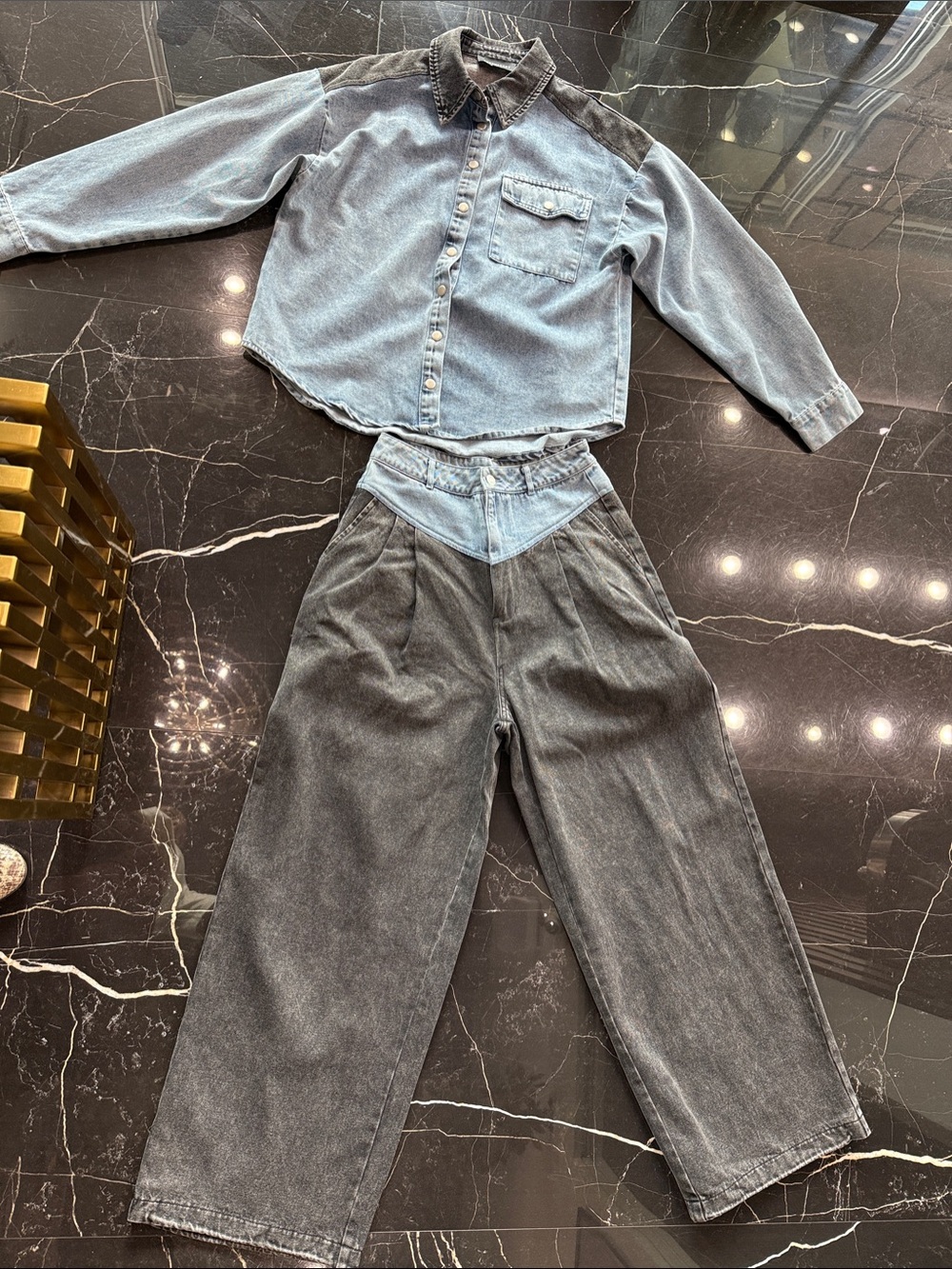High-Waist Two-Tone Denim Wide-Leg Pants and button down denim top